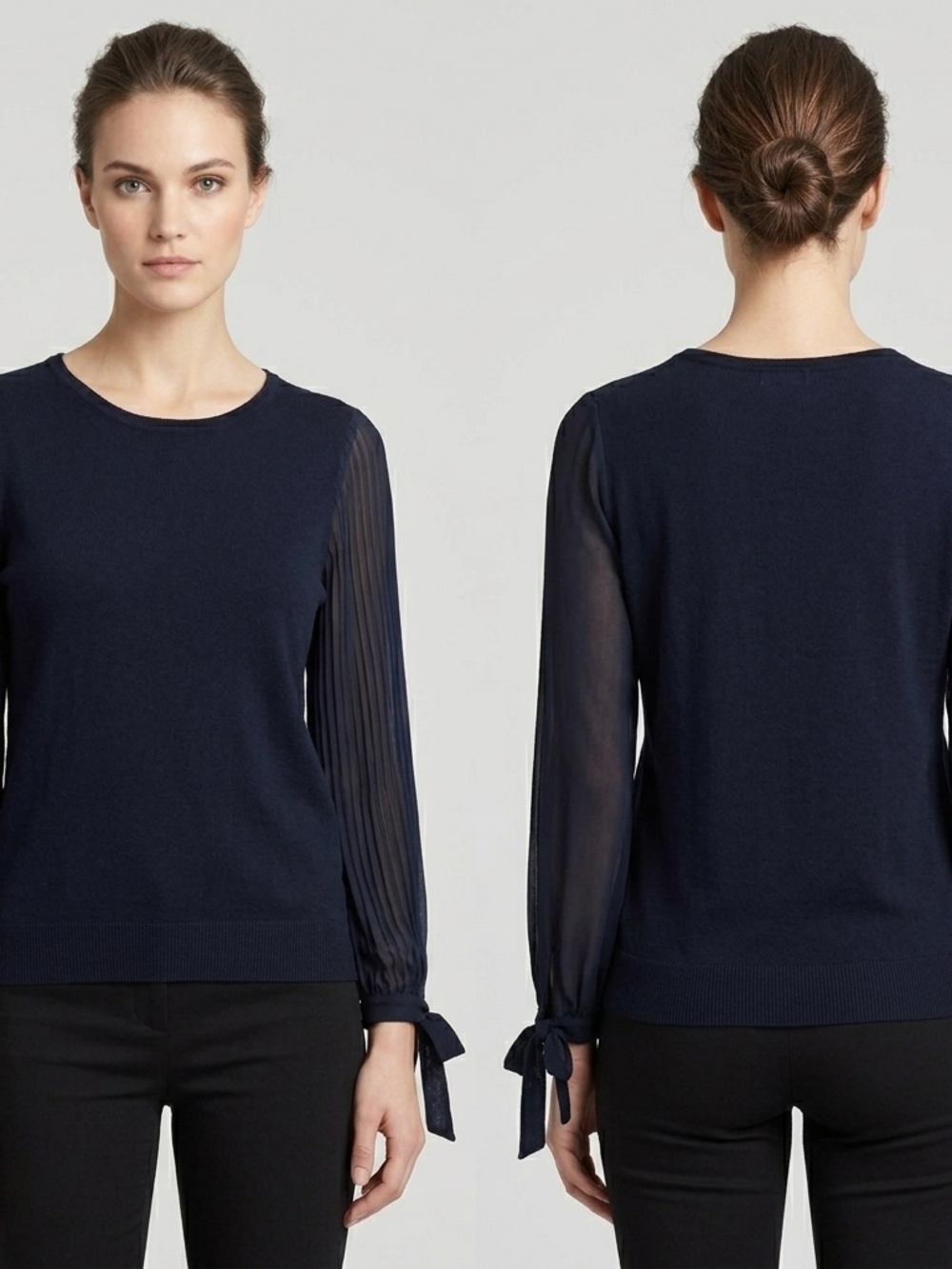 CeCe Navy Knit Top with Sheer Trim